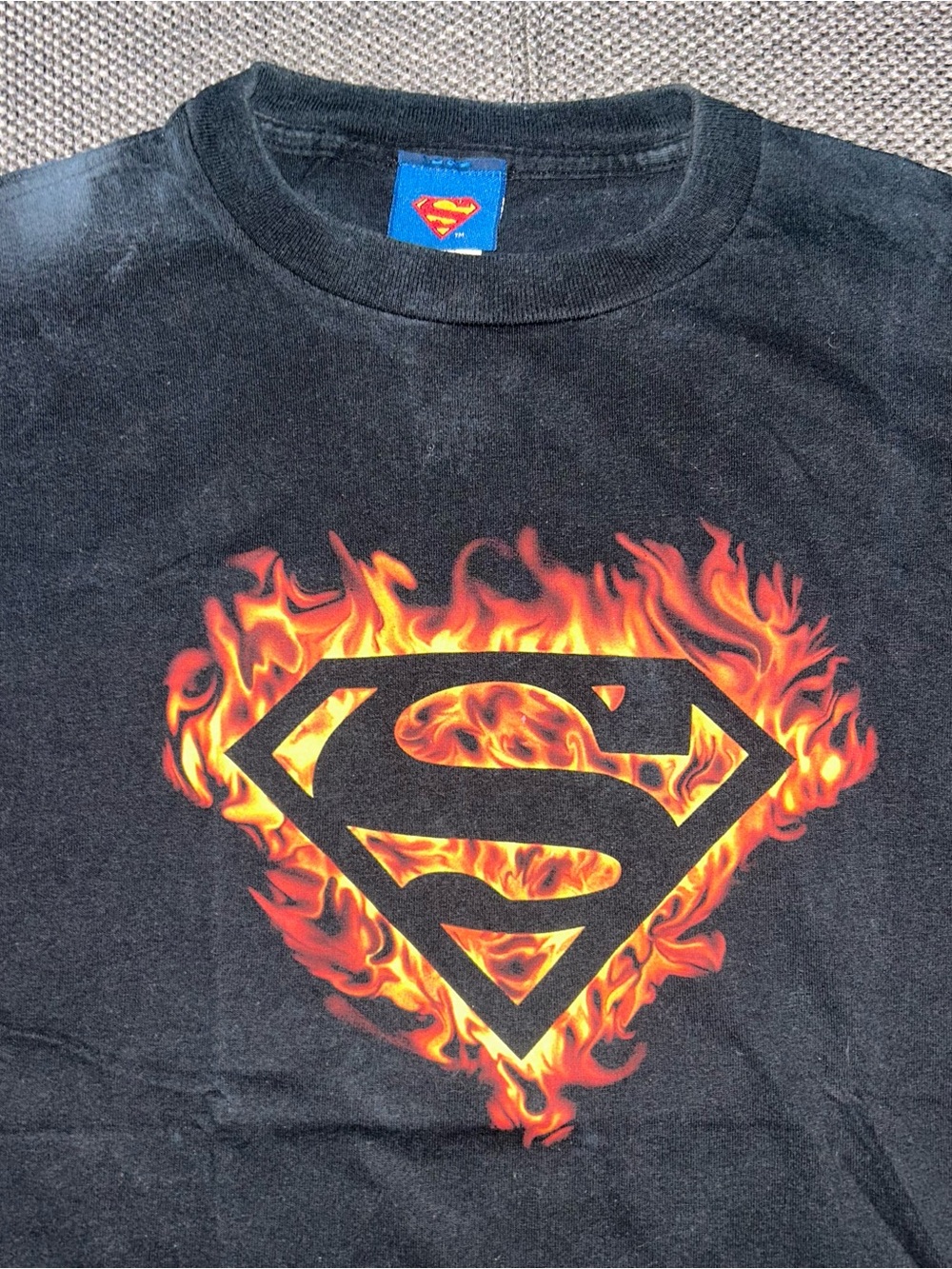 Y2K Superman DC Comics Big Flame Logo Black Superhero Tee